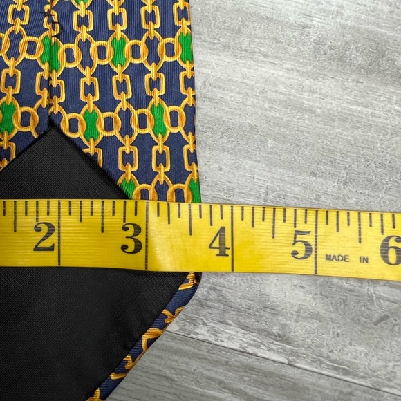 Celine Navy, Gold & Green Link Pattern Silk Tie - Picture 4 of 4